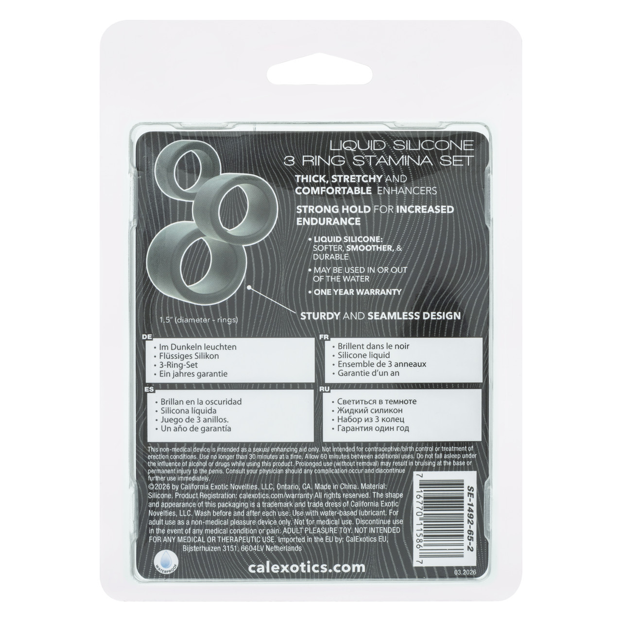 Alpha Liquid Silicone 3 Ring Stamina Set Black packaging with product details and features