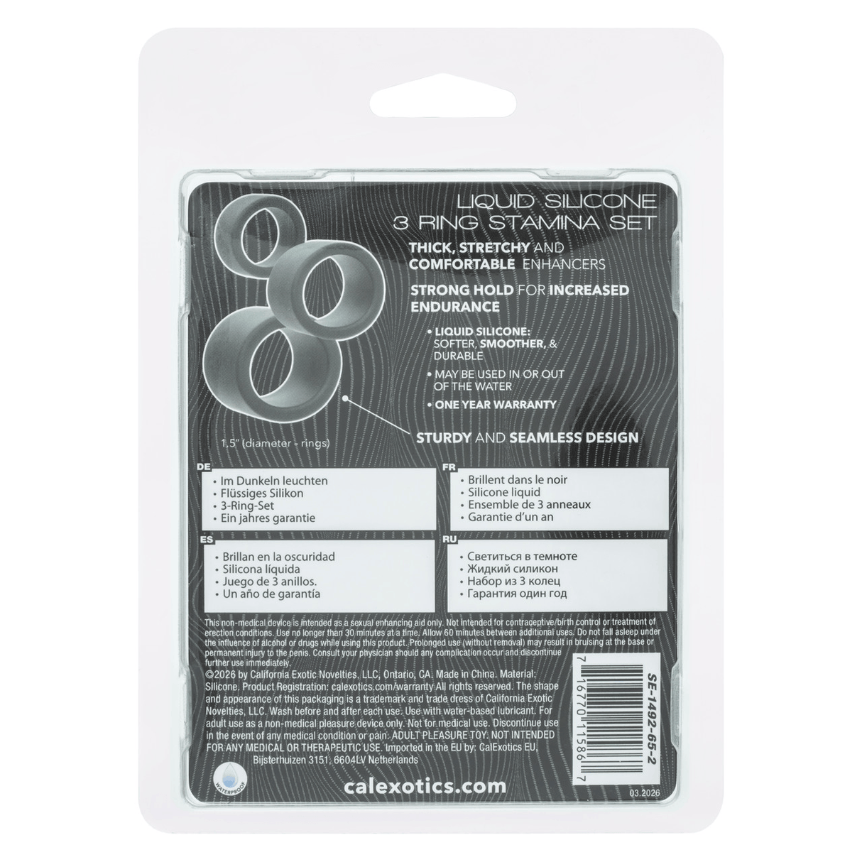 Alpha Liquid Silicone 3 Ring Stamina Set Black packaging with product details and features