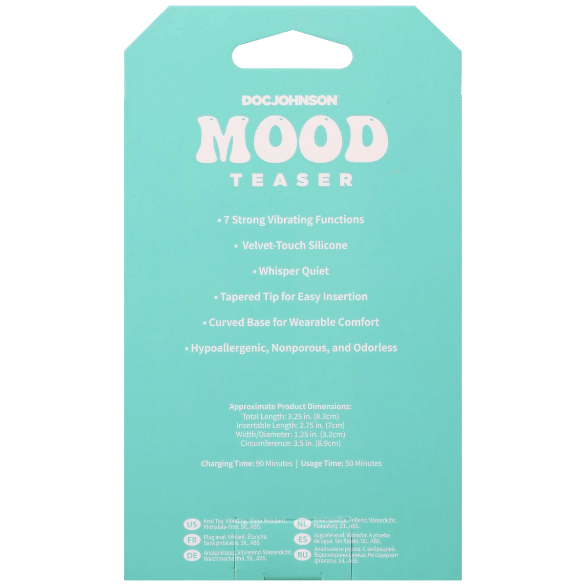 Mood Teaser Vibrating Micro Plug Lavender product features including 7 vibrating functions and velvet-touch silicone.