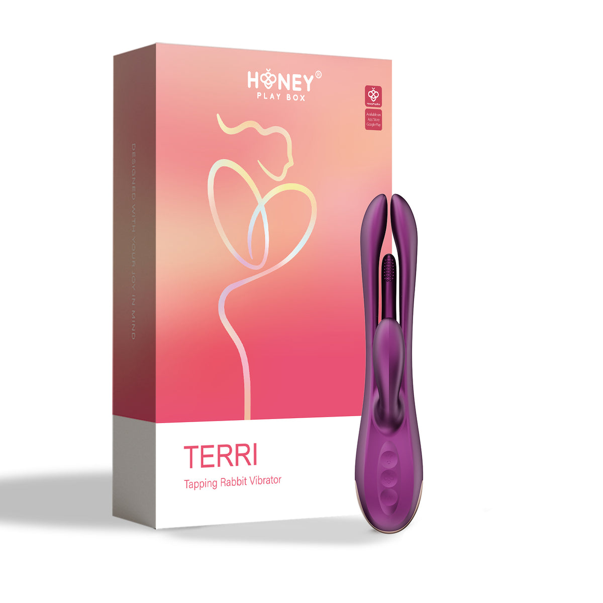Terri App Controlled Tapping Rabbit Vibrator Purple next to its packaging, showcasing innovative design and vibrant color.