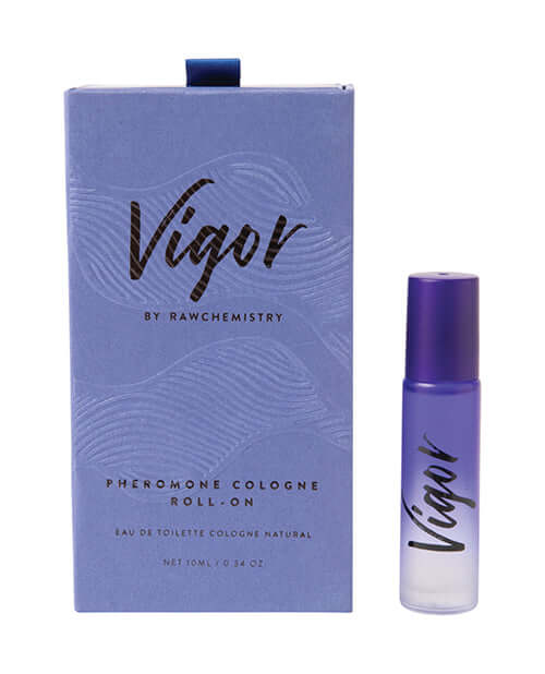 Vigor by Raw Chemistry Pheromone Cologne Roll On 10 ml fragrance bottle and box, perfect for travel and enhancing masculinity.