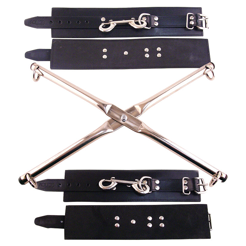 Rouge Rod Hogtie with Leather Wrist and Ankle Cuffs, featuring an X-shaped rod and leather cuffs for bondage play.