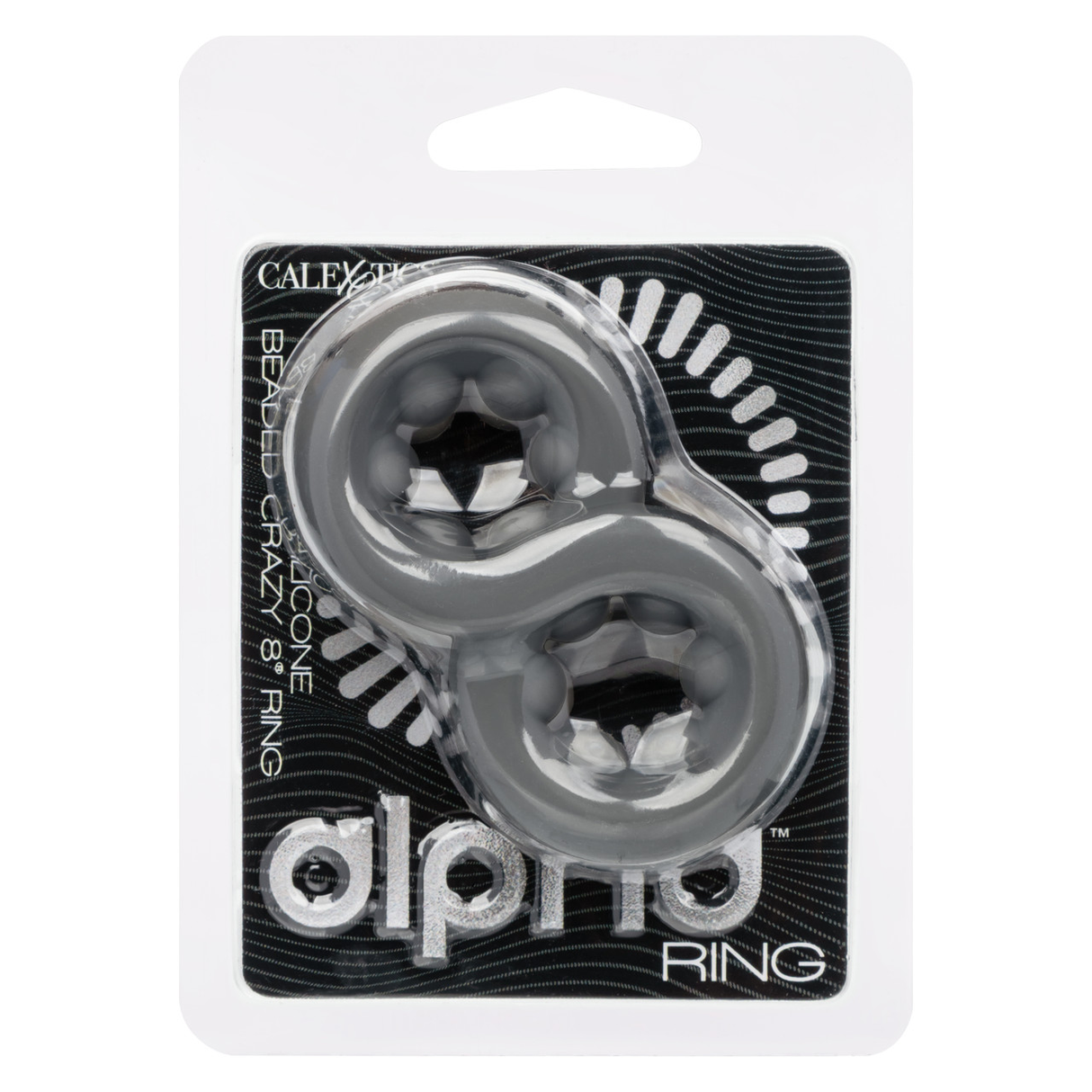 Alpha Liquid Silicone Beaded Crazy 8 Ring Grey package showcasing premium pleasure enhancer.