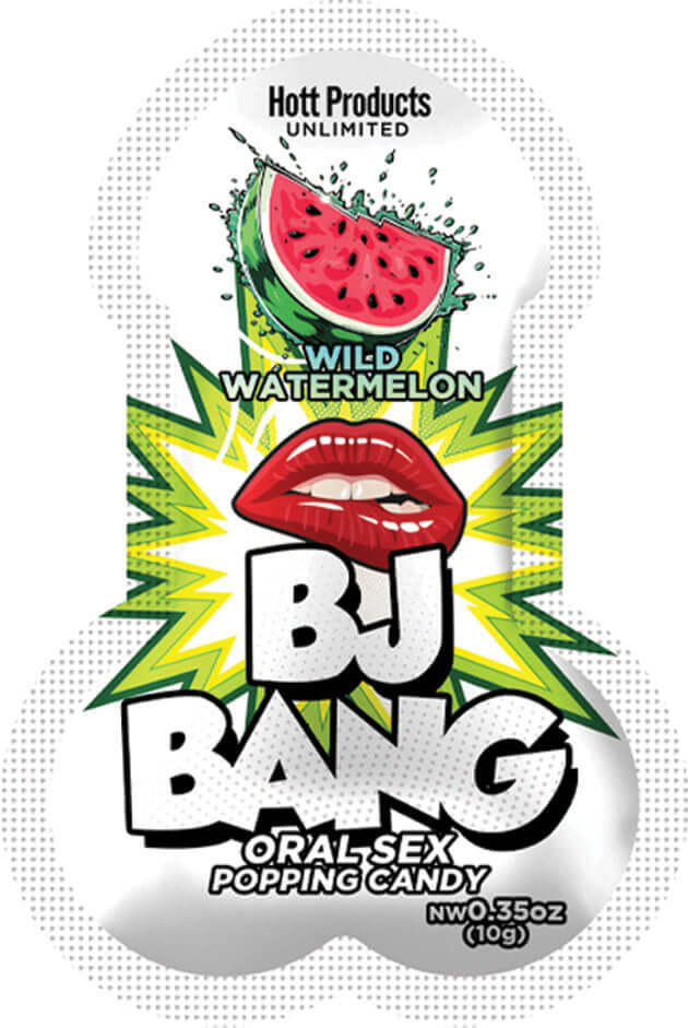 BJ Bang Oral Sex Popping Candy Watermelon 0.35 Oz packaging featuring watermelon flavor and fun design.