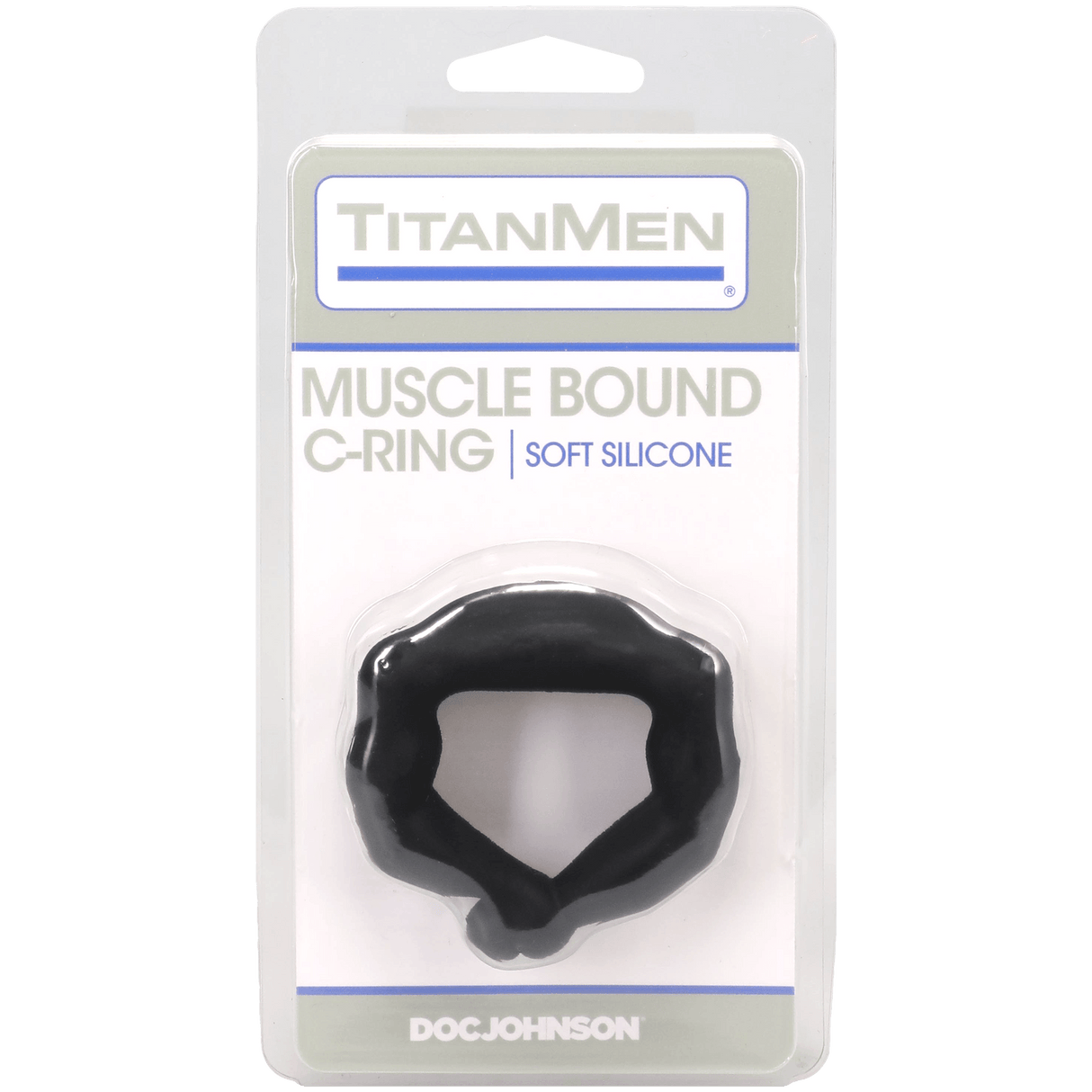 Titanmen Muscle Bound Cock Ring 32mm Black in packaging by Doc Johnson, showcasing its soft silicone design.