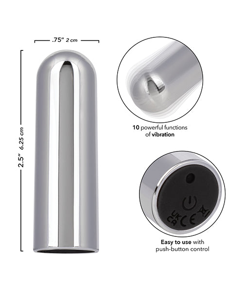 Turbo Buzz 10 Function Bullet Stimulator Silver showing features and dimensions with 10 powerful vibration functions.