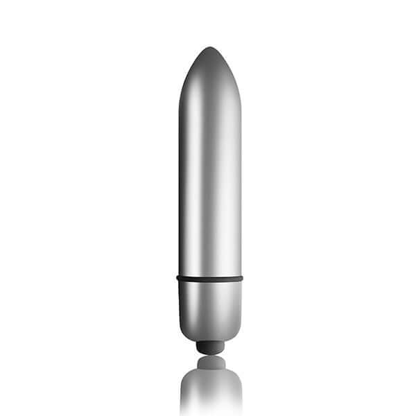 Rocks Off Butt Quiver Black Vibrating Butt Plug showing the sleek metallic design of the removable bullet.