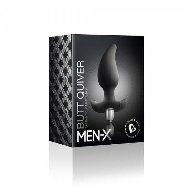 Rocks Off Butt Quiver Black Vibrating Butt Plug packaging featuring a smooth design, perfect for confident anal exploration.
