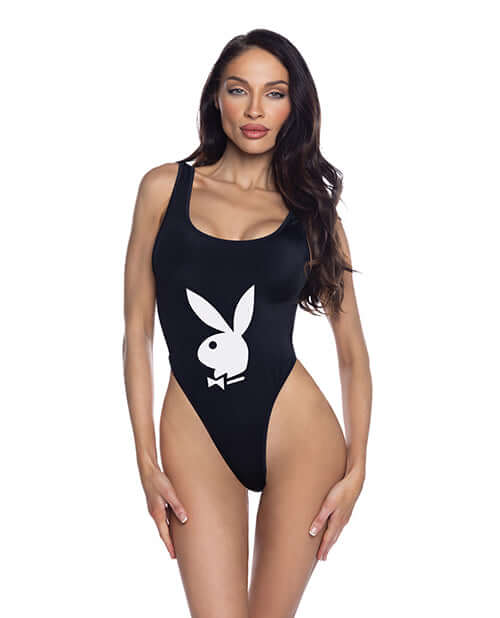 Playboy Bunny Icon Swimsuit Black White XS featuring iconic Bunny logo in a sleek one-piece design.