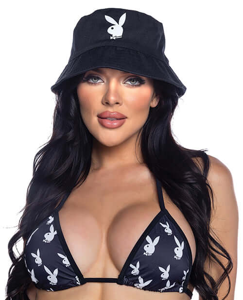 Playboy Bunny Bucket Hat Black White OS worn by a model with a black bikini featuring the Playboy logo.