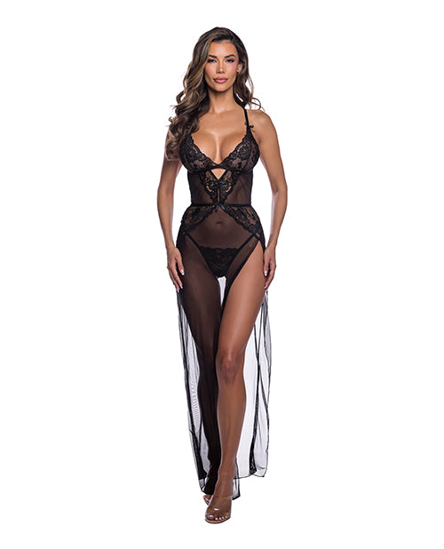 Sheer Desire Lace and Mesh High Slit Gown Black S/M featuring lace and mesh design with high side slit.