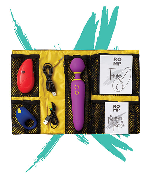 ROMP Pleasure Kit Flip Free and Juke in Carrying Case with vibrant vibrators and accessories organized.