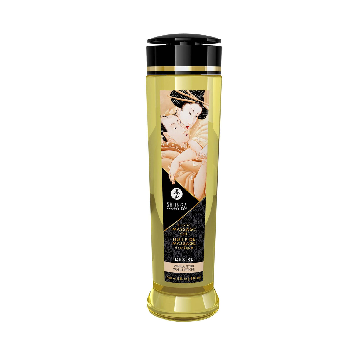 Shunga Massage Oils Desire Vanilla 8 Oz bottle with elegant design, ideal for sensual massage and enhancing intimacy.