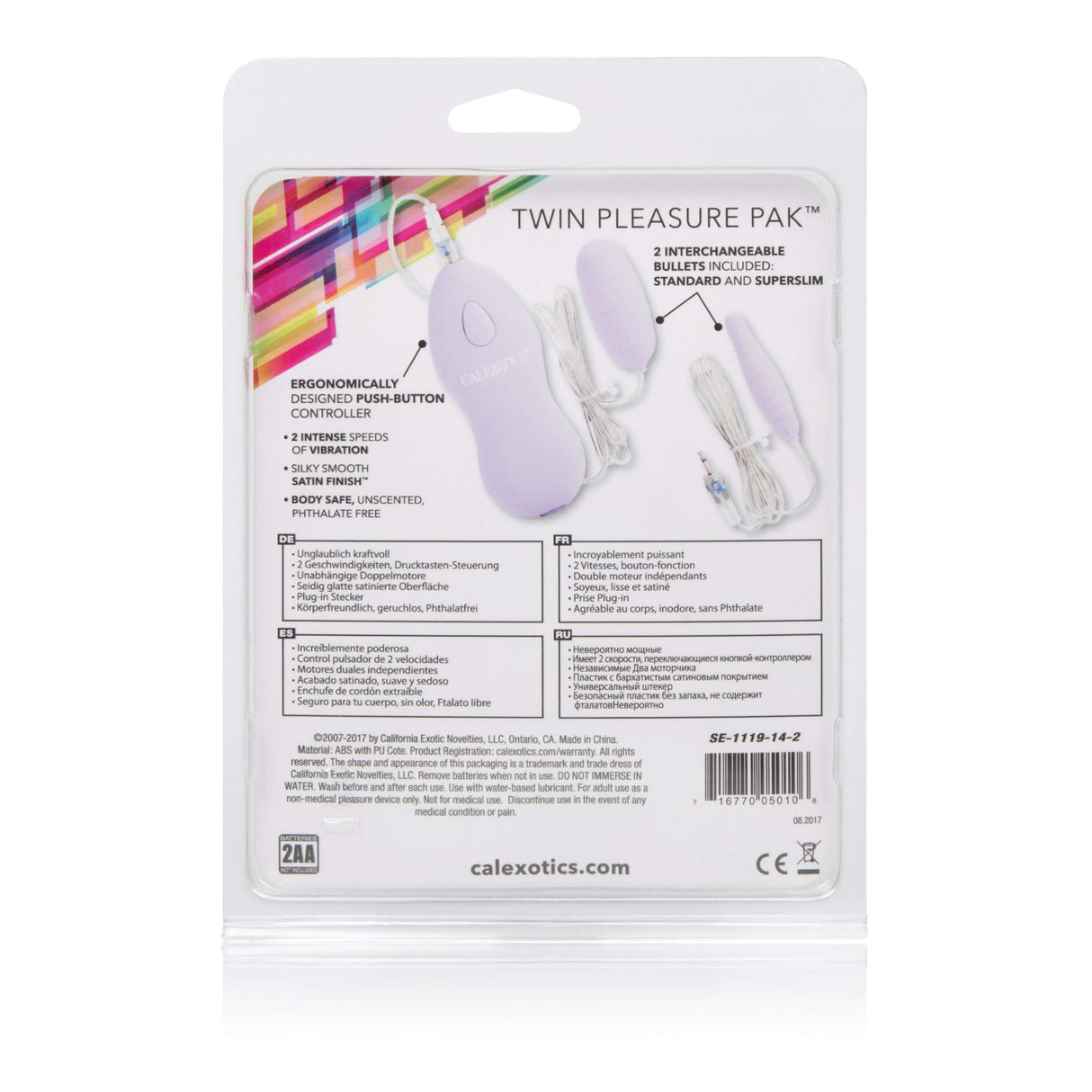 Twin Pleasure Pak Bullet Vibrator Purple packaging showing interchangeable bullets and ergonomic controller.