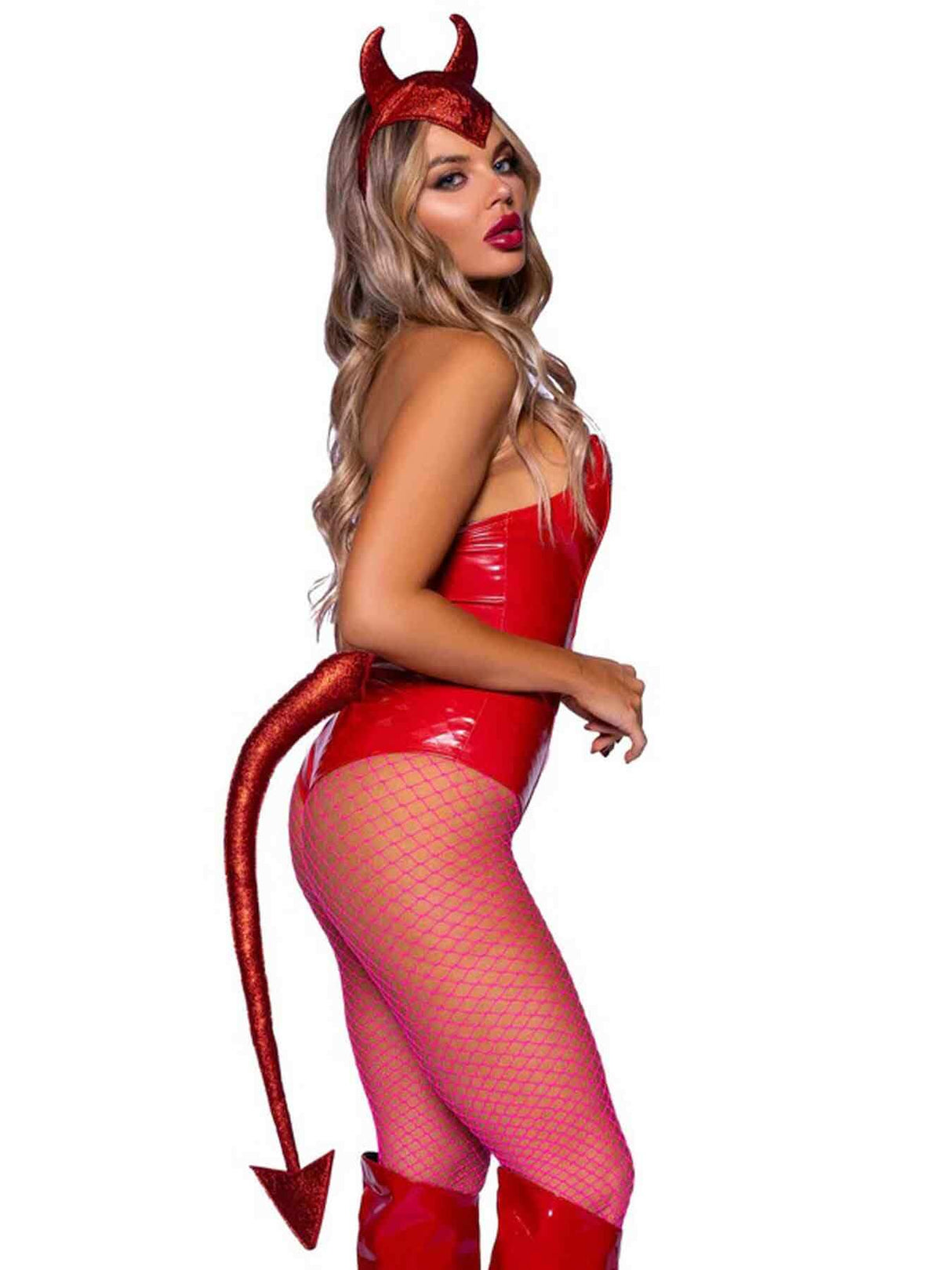 Model wearing Leg Avenue Devil Horns Headband and Tail Set Red, showcasing devil horns and tail costume accessories.