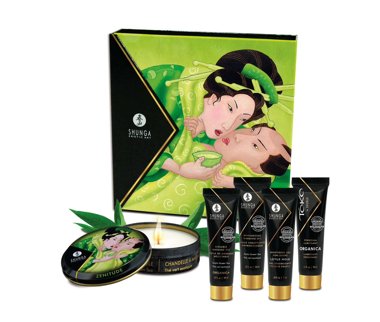 Shunga Geisha Secrets Gift Set Organica Exotic Green Tea featuring wellness products and elegant packaging.