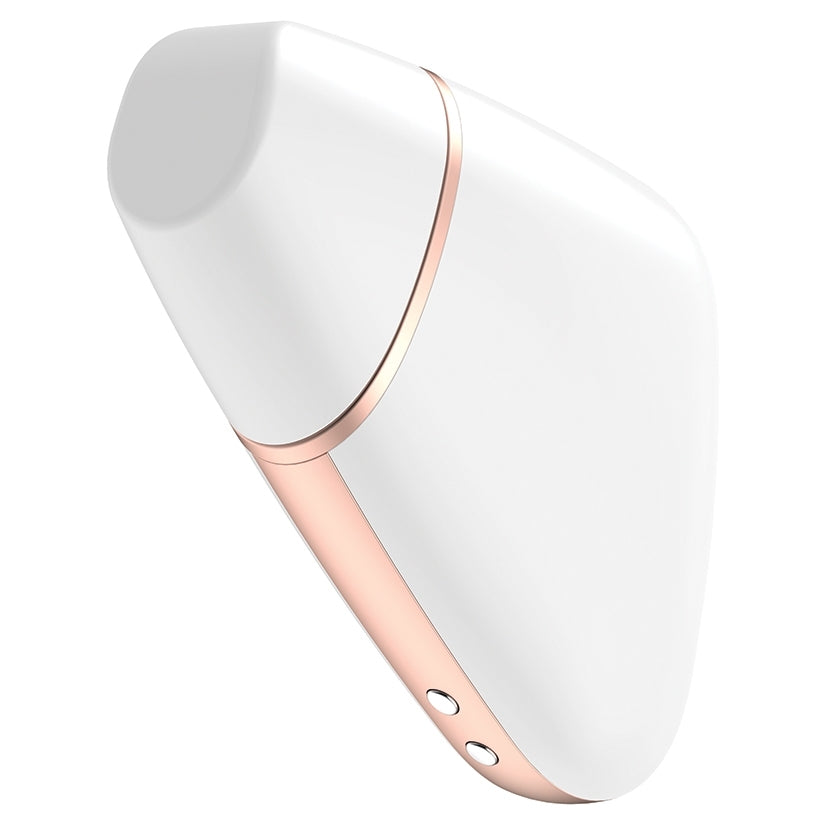 Satisfyer Love Triangle Air Pulse Clitoral Vibrator White in a sleek design with a rounded head and rose gold accents.