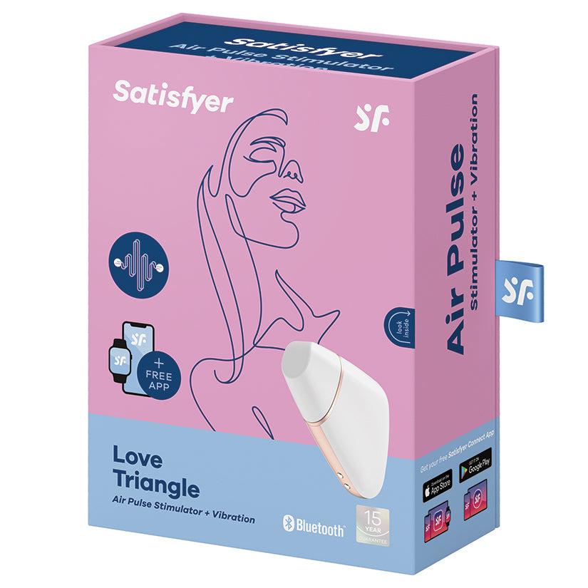 Satisfyer Love Triangle Air Pulse Clitoral Vibrator White packaging featuring app connectivity and air pulse technology.