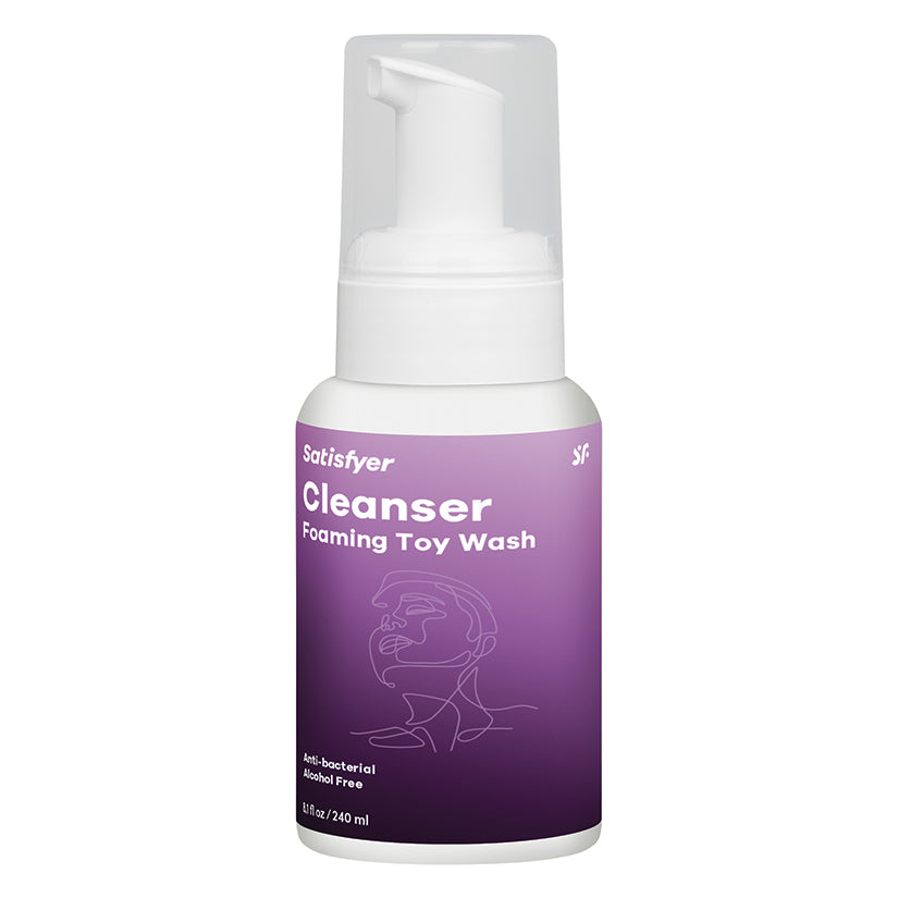 Satisfyer Women Cleansing Foam Toy Wash 8.1 Oz in a pump bottle for cleaning intimate toys, antibacterial and alcohol free.