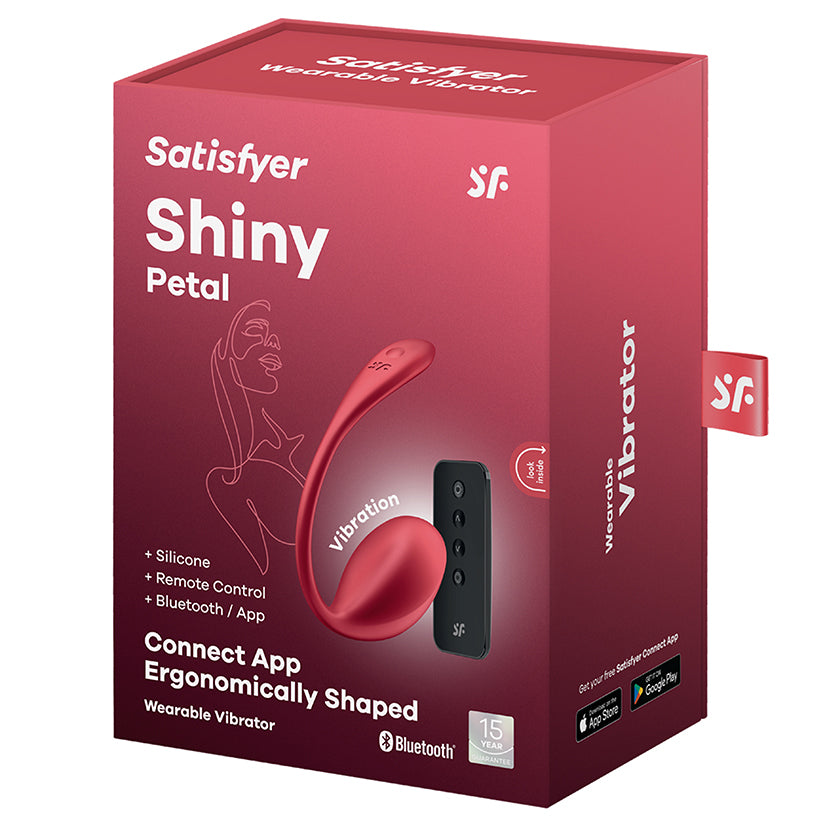 Satisfyer Shiny Petal Wearable Vibrator Red packaging showcasing its ergonomic design and Bluetooth remote features.
