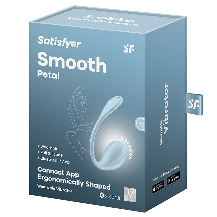 Satisfyer Smooth Petal G-Spot Vibrator Light Blue packaging featuring ergonomic design and Bluetooth connectivity.