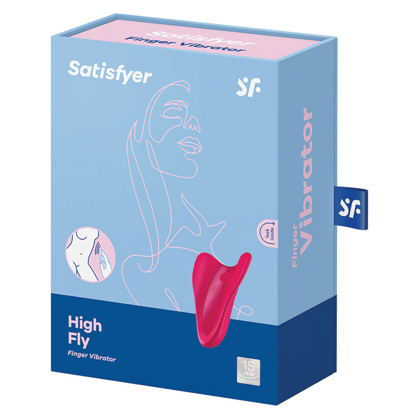 Satisfyer High Fly Finger Vibrator Red product packaging displaying its playful design and features.