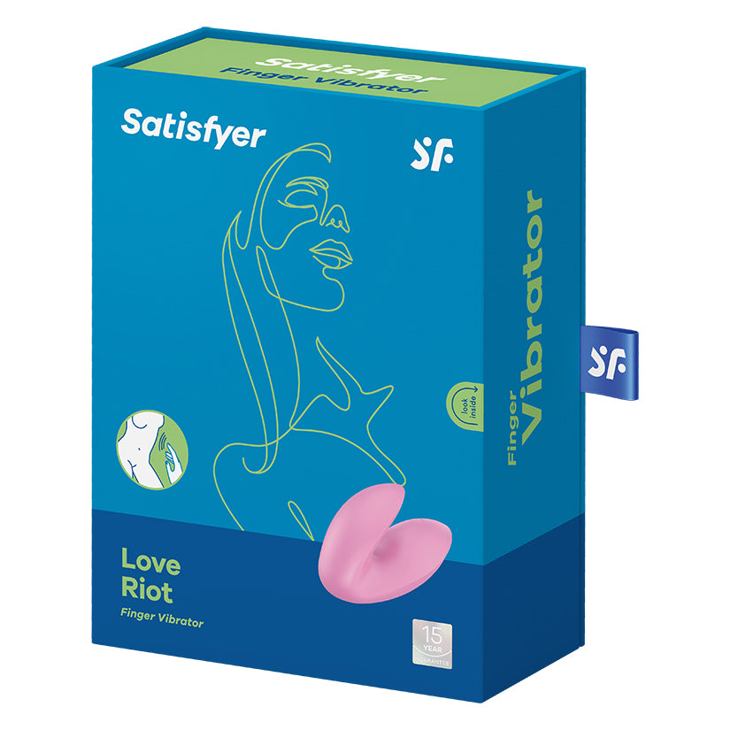 Satisfyer Love Riot Finger Vibrator Pink packaging showcasing its design and features for intimate pleasure.