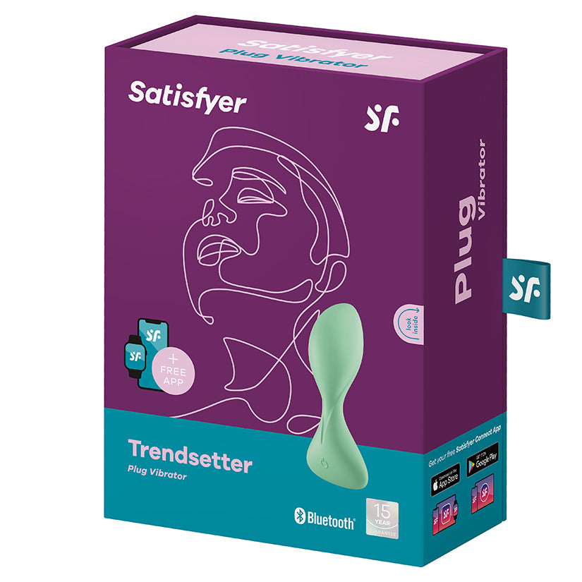 Satisfyer Trendsetter Vibrating Anal Plug Light Green packaging with app connectivity and modern design.