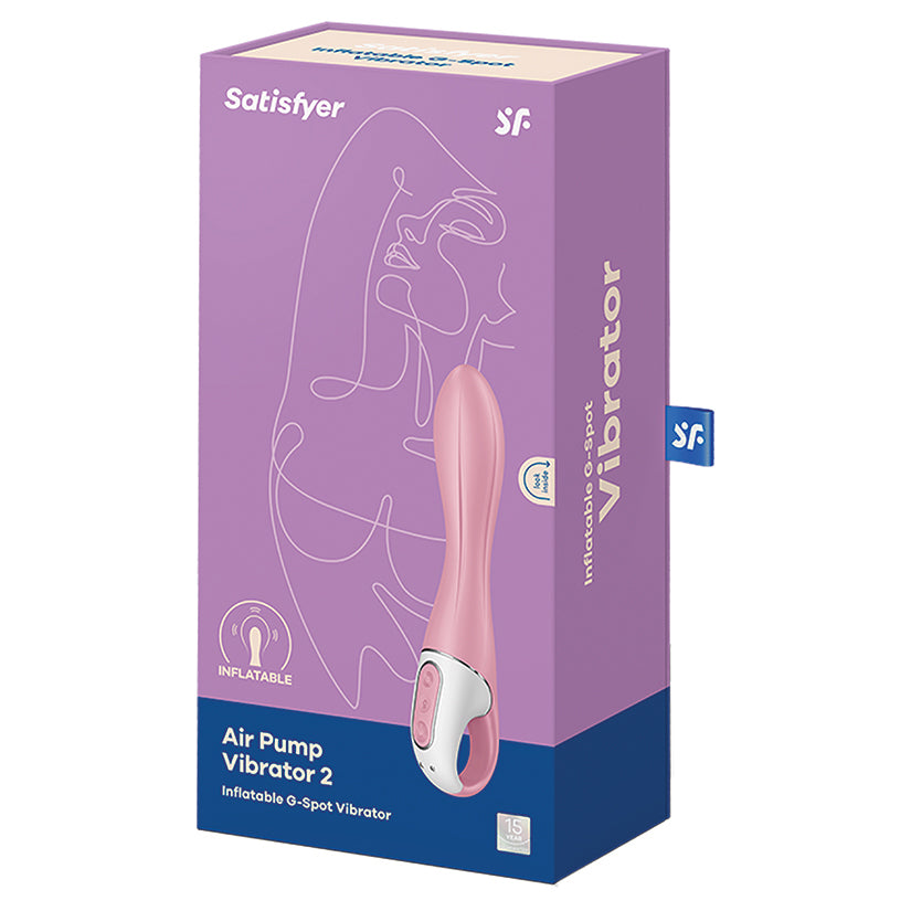 Satisfyer Air Pump Vibrator 2 Inflatable packaging with illustration and control panel features.