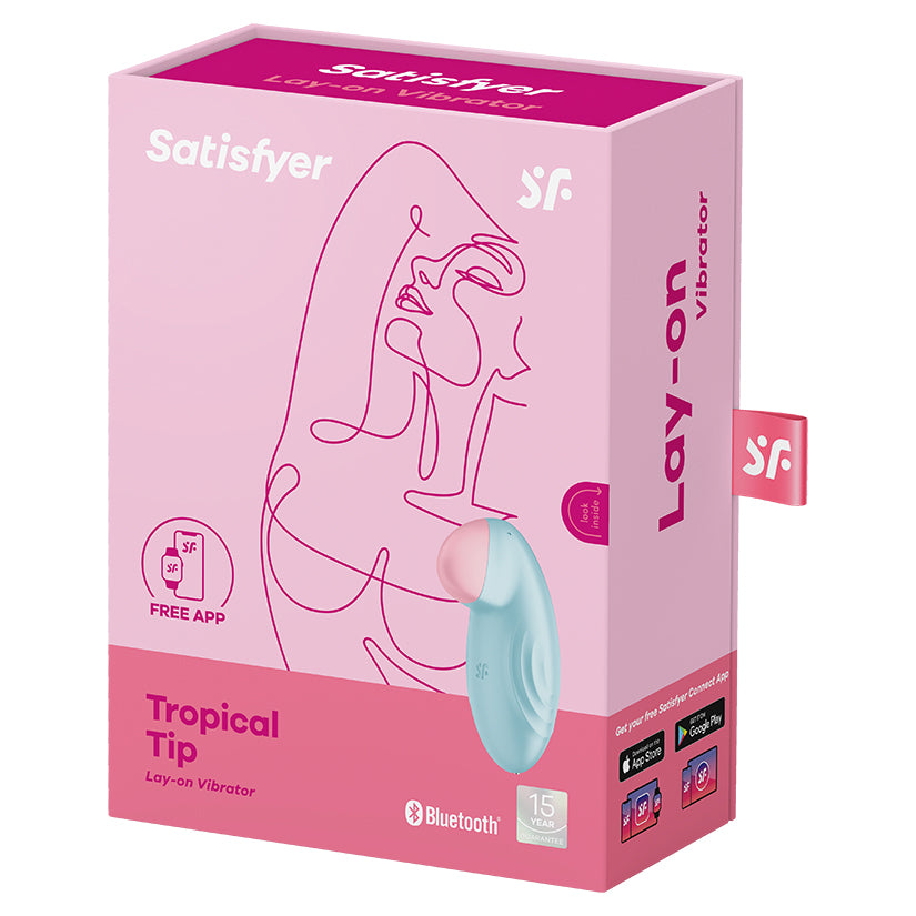 Satisfyer Tropical Tip App Controlled Vibrator Light Blue packaging featuring a playful design and app connectivity.