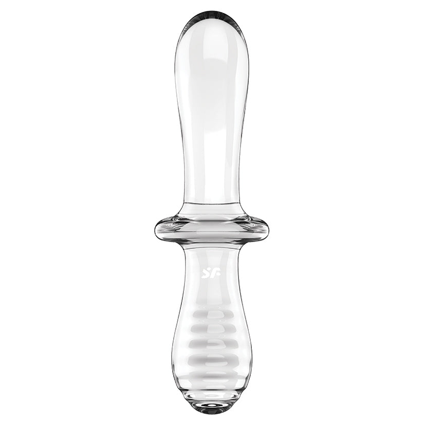 Satisfyer Double Crystal Glass Dildo Clear showcasing its elegant design and smooth borosilicate glass finish.