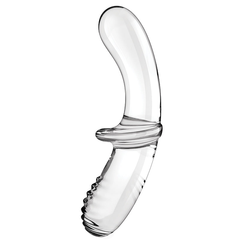 Satisfyer Double Crystal Glass Dildo Clear displayed at an angle, showcasing its smooth, elegant design and clear finish.
