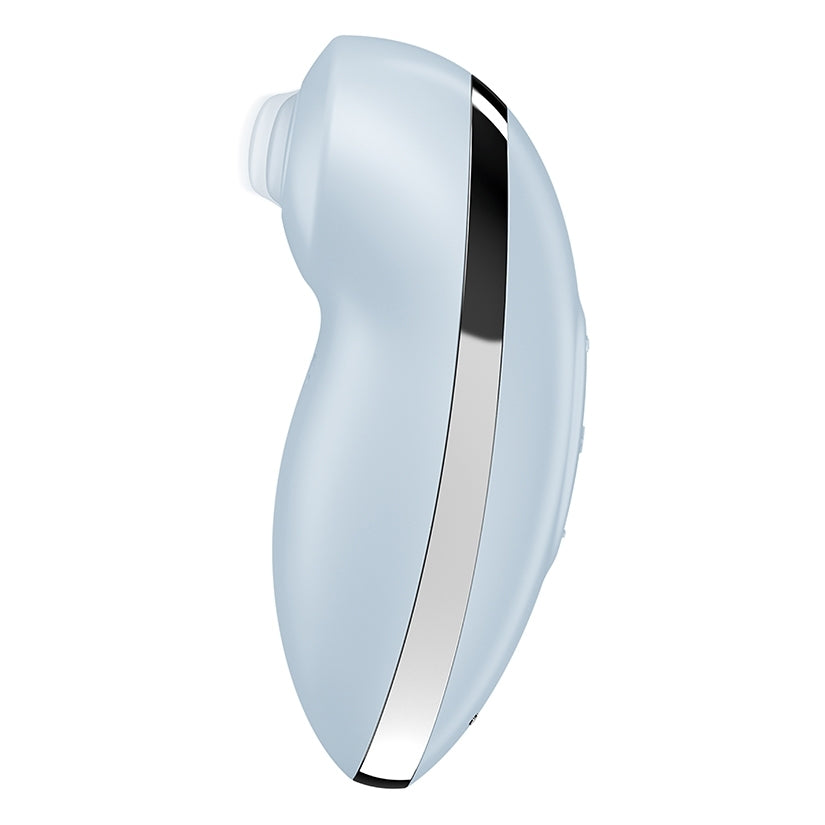 Satisfyer Tap and Climax 2 Clitoral Vibrator Blue side view showcasing its ergonomic design.
