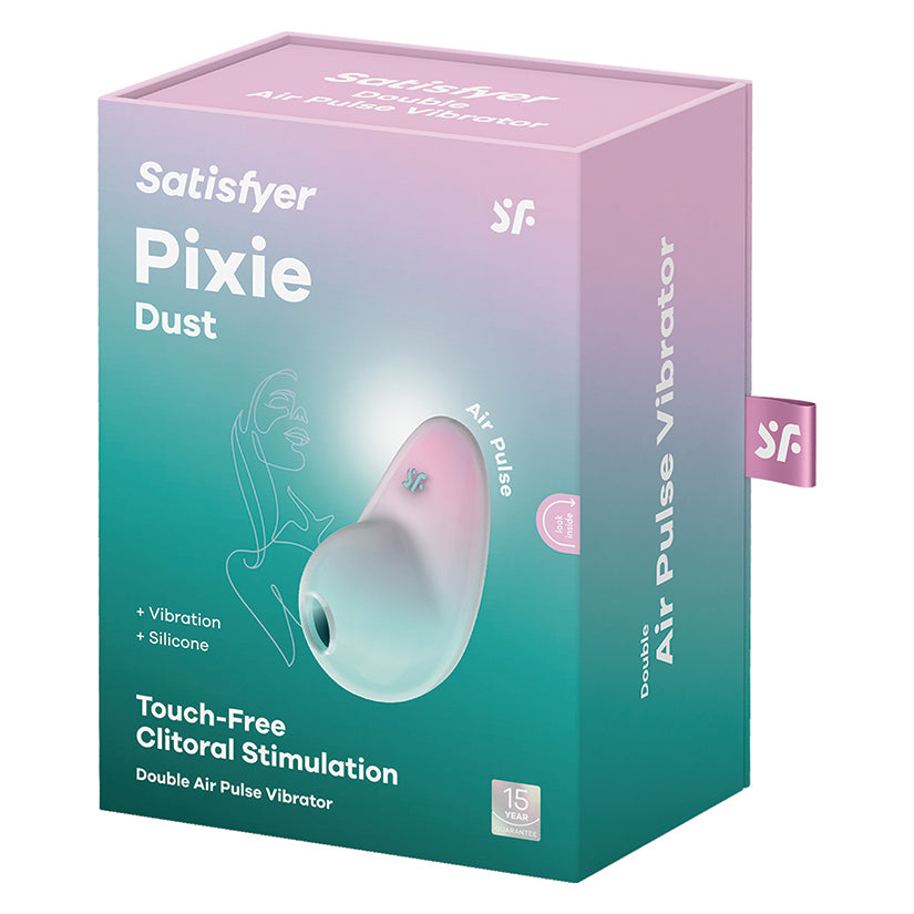 Satisfyer Pixie Dust Air Pulse Vibrator Mint Pink packaging showcasing touch-free clitoral stimulation features.