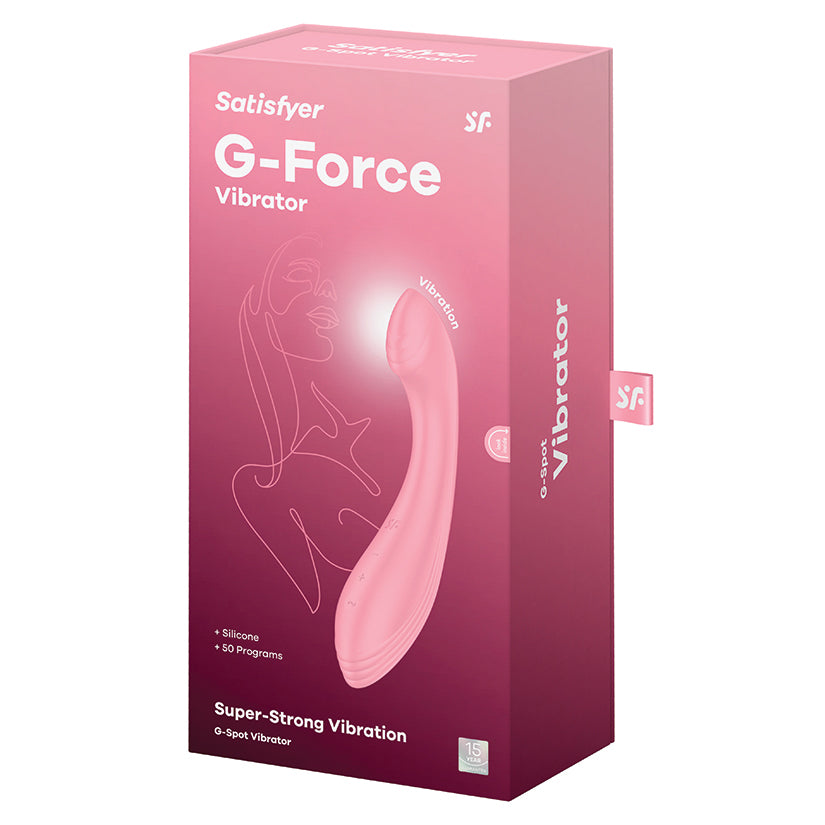 Satisfyer G-Force G-Spot Vibrator Pink packaging showcasing silicone design and G-spot stimulation features.