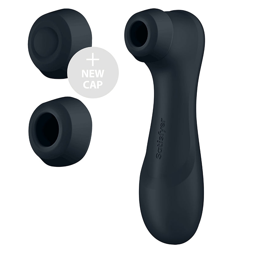 Satisfyer Pro 2 Generation 3 Air Pulse Dark Grey with two silicone caps for customizable pleasure.