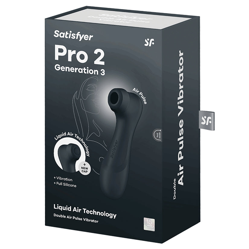 Satisfyer Pro 2 Generation 3 Air Pulse Dark Grey packaging showcasing Liquid Air Technology and design features.