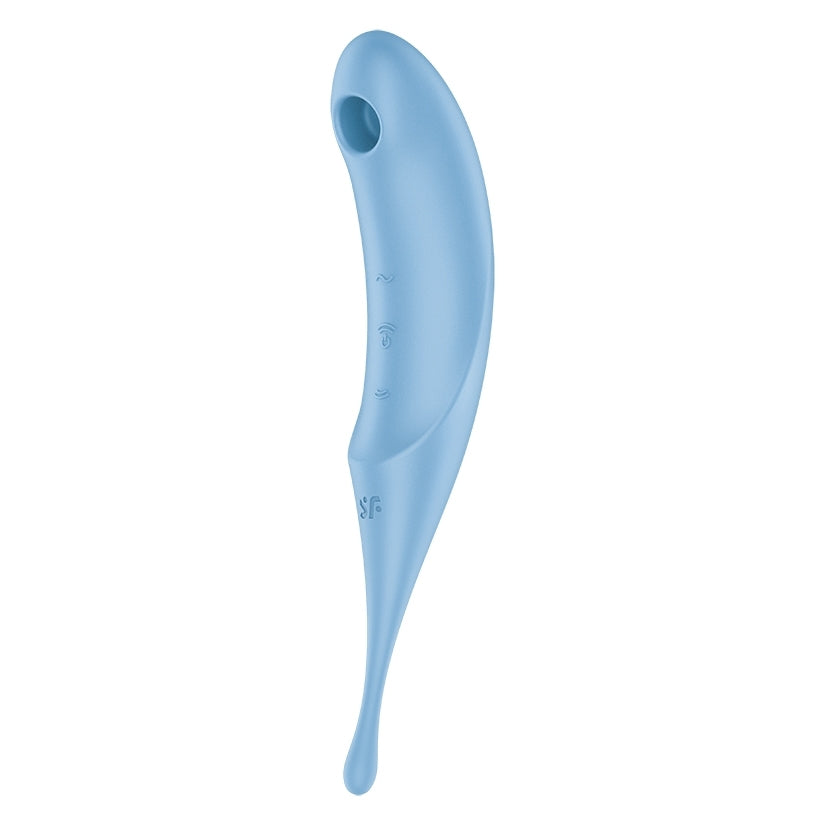 Satisfyer Twirling Pro Air Pulse Vibrator Blue side view showcasing its sleek design and buttons for varied pleasure settings.