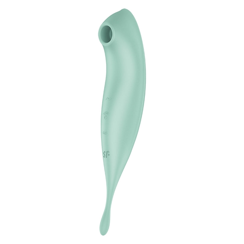 Satisfyer Twirling Pro Plus Air Pulse Vibrator Mint showcasing its sleek design for dual-ended stimulation.