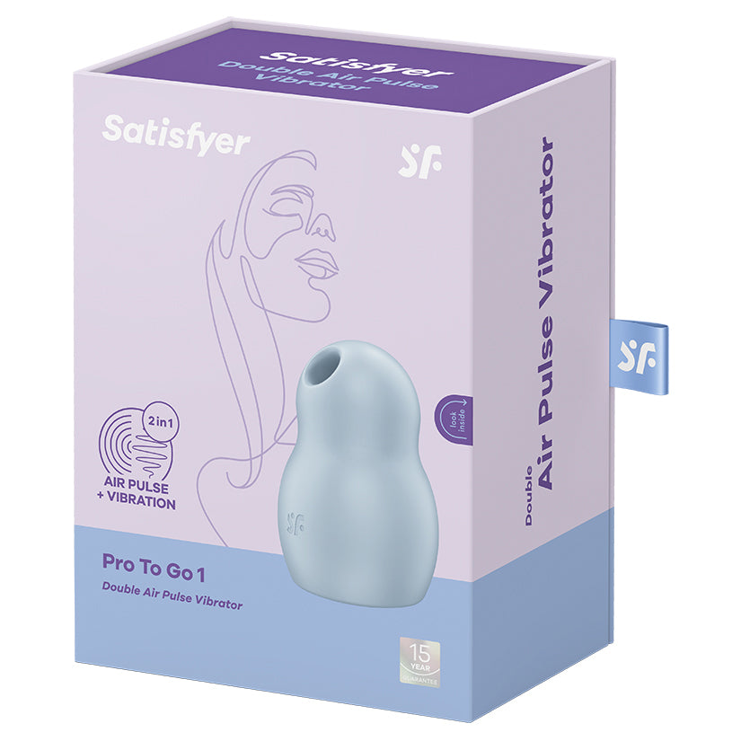 Satisfyer Pro To Go 1 Pressure Wave Vibrator Blue packaging showcasing its compact design and dual stimulation features.