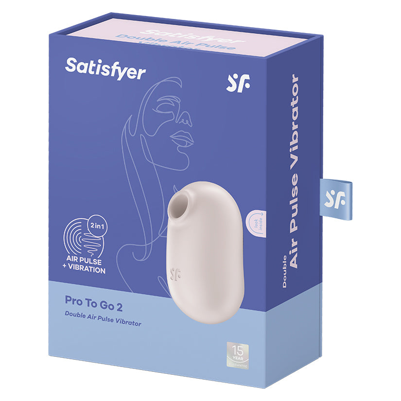 Satisfyer Pro To Go 2 Air Pulse Clitoral Vibrator Beige packaging with logo and features displayed.