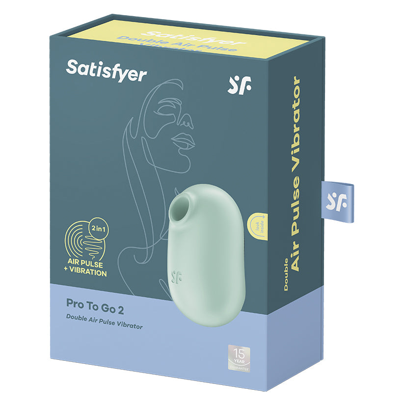 Satisfyer Pro To Go 2 Air Pulse Clitoral Vibrator Mint packaging showing device and branding.