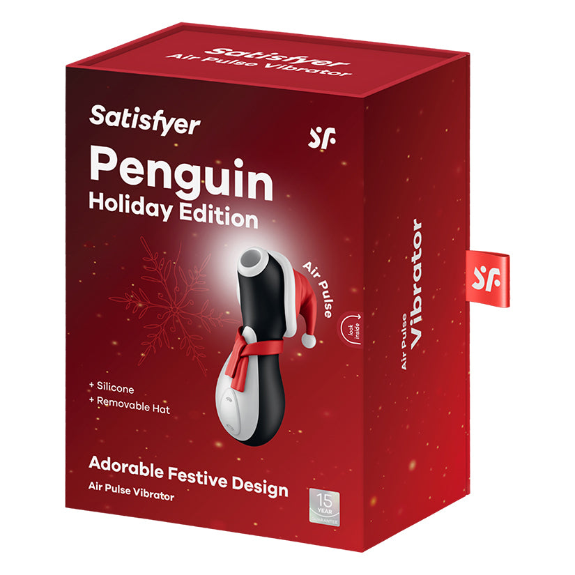 Satisfyer Penguin Holiday Edition Air Pulse Vibrator festive packaging with silicone material and removable hat.