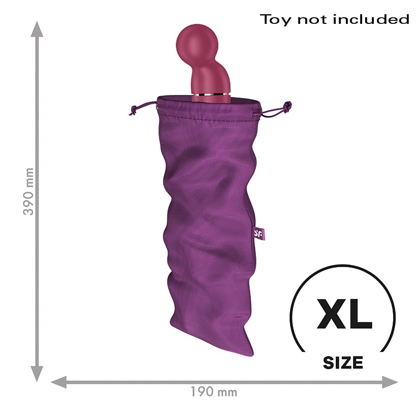 Satisfyer Treasure Bag XL Violet for discreet storage of larger pleasure products, features dimensions 390mm x 190mm.