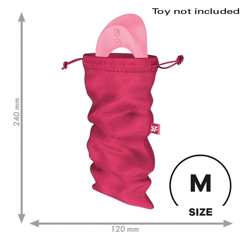 Satisfyer Size M Treasure Toy Storage Bag Pink displayed with dimensions for organization and protection of petite toys.