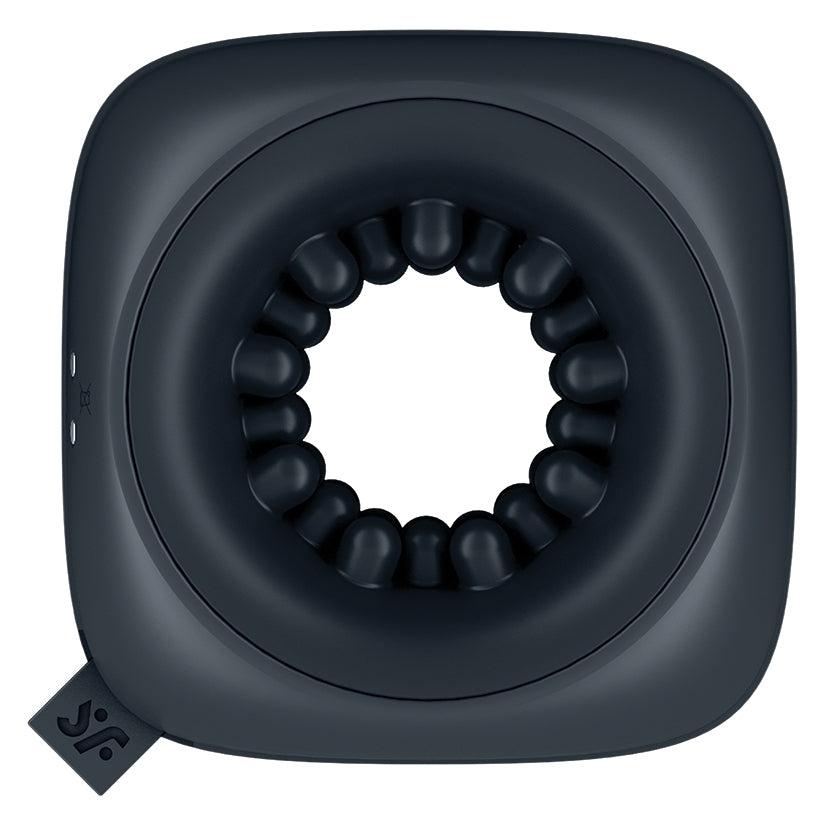 Satisfyer Ring Stroker Vibrating Masturbator Black showing the open ring design and soft silicone surface.