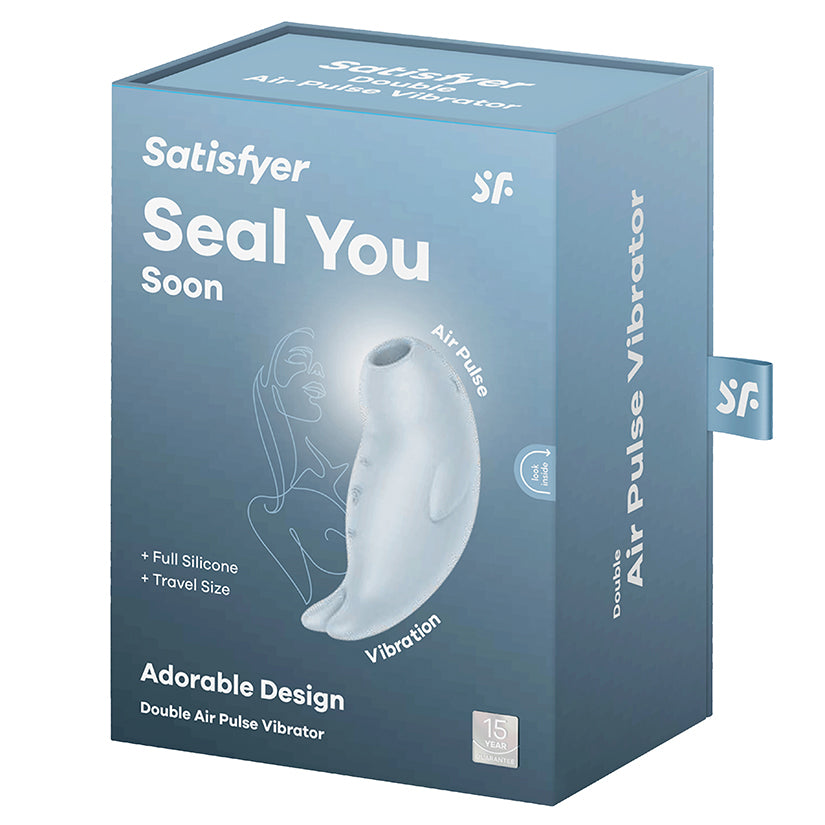 Satisfyer Seal You Soon Air Pulse Vibrator packaging showcasing its adorable design and features like air pulse and vibration.