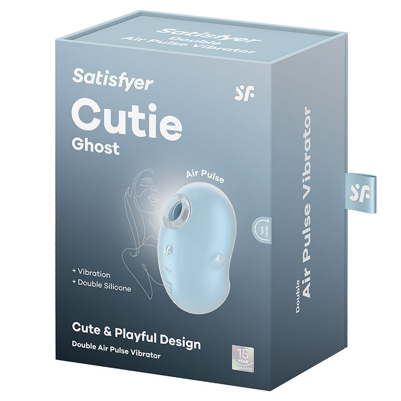 Satisfyer Cutie Ghost Air Pulse Vibrator Blue packaging with playful design and features for clitoral stimulation.