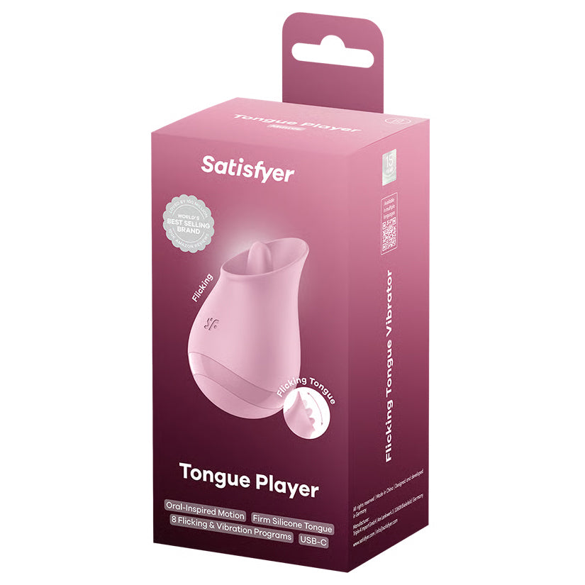 Satisfyer Tongue Player Clitoral Vibrator packaging showcasing oral-inspired design and USB-C charging.