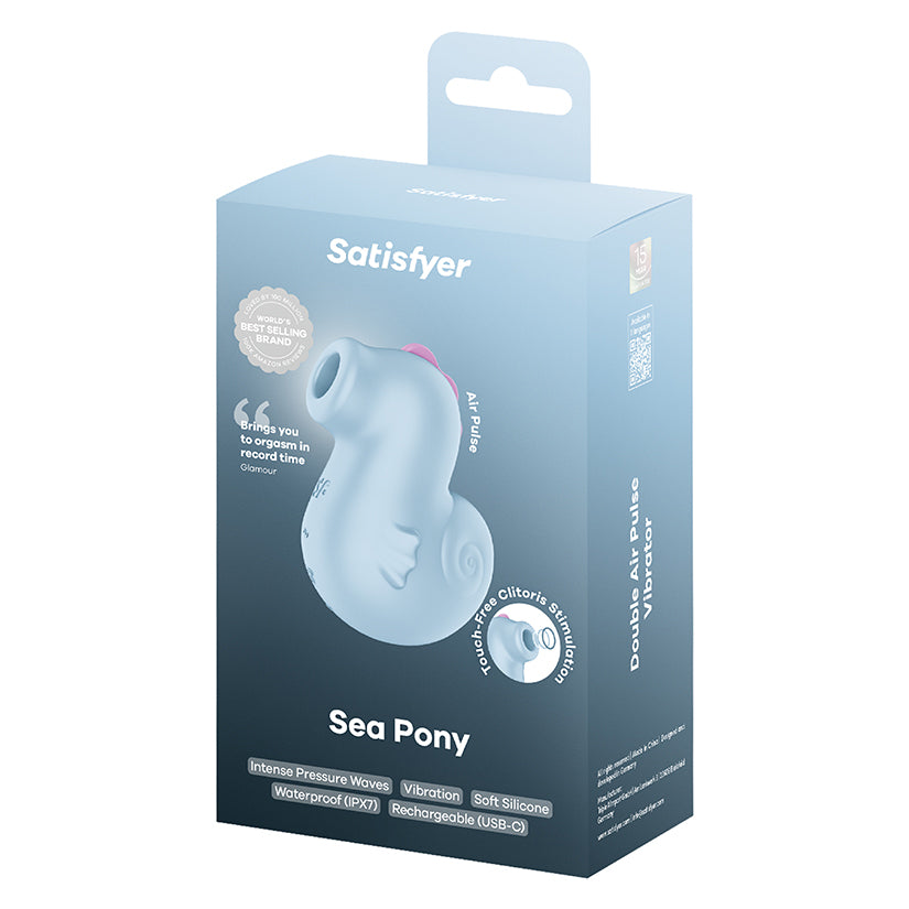 Satisfyer Sea Pony Personal Vibrator packaging featuring playful design, specifications and brand logo.